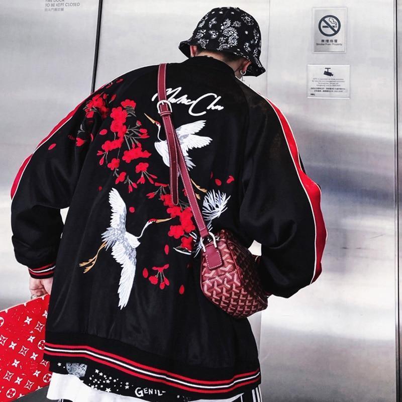 CRANES & ROSES HOODED BASEBALL JACKET