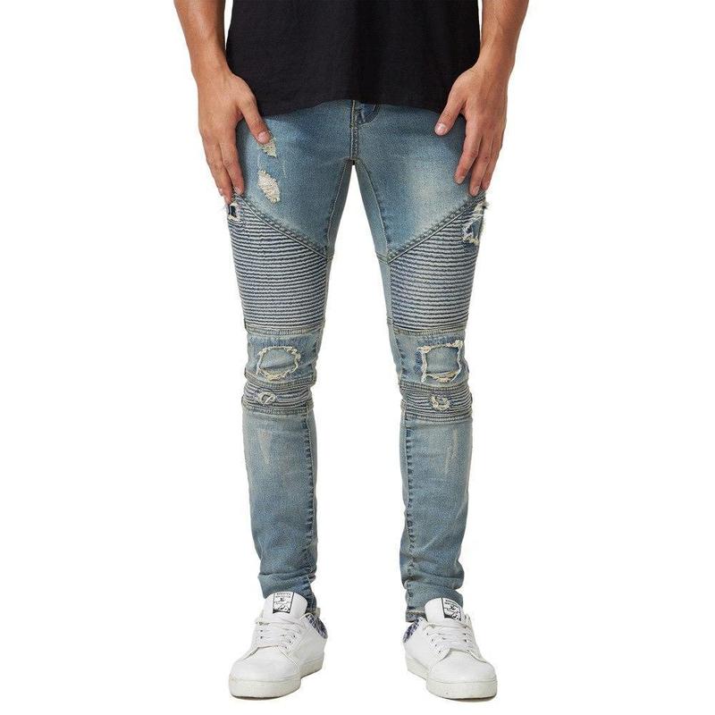 DISTRESSED BIKER JEANS