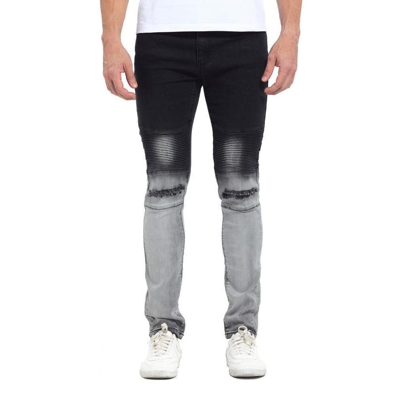 TWO TONE DISTRESSED BIKER JEANS