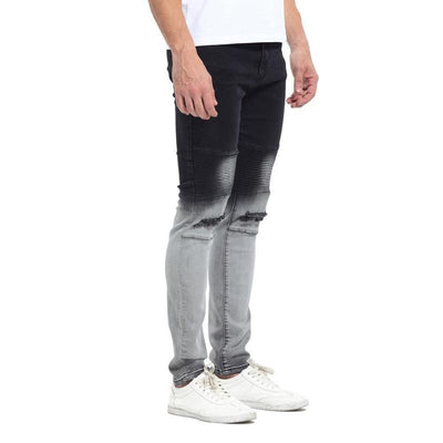 TWO TONE DISTRESSED BIKER JEANS