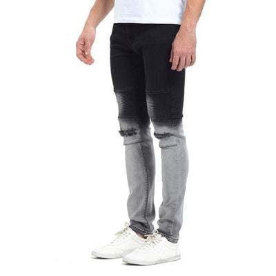 TWO TONE DISTRESSED BIKER JEANS