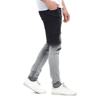 TWO TONE DISTRESSED BIKER JEANS